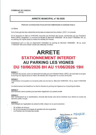 Stationnement interdit Parking Les Vignes : 10 et 11 / 06 / 2026