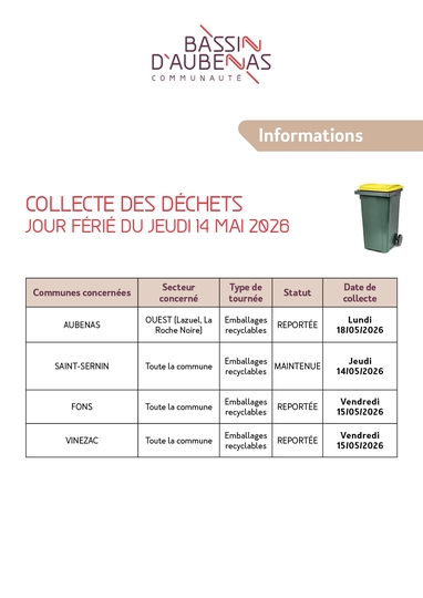 Collecte des déchets du 14/05 reportée au lendemain