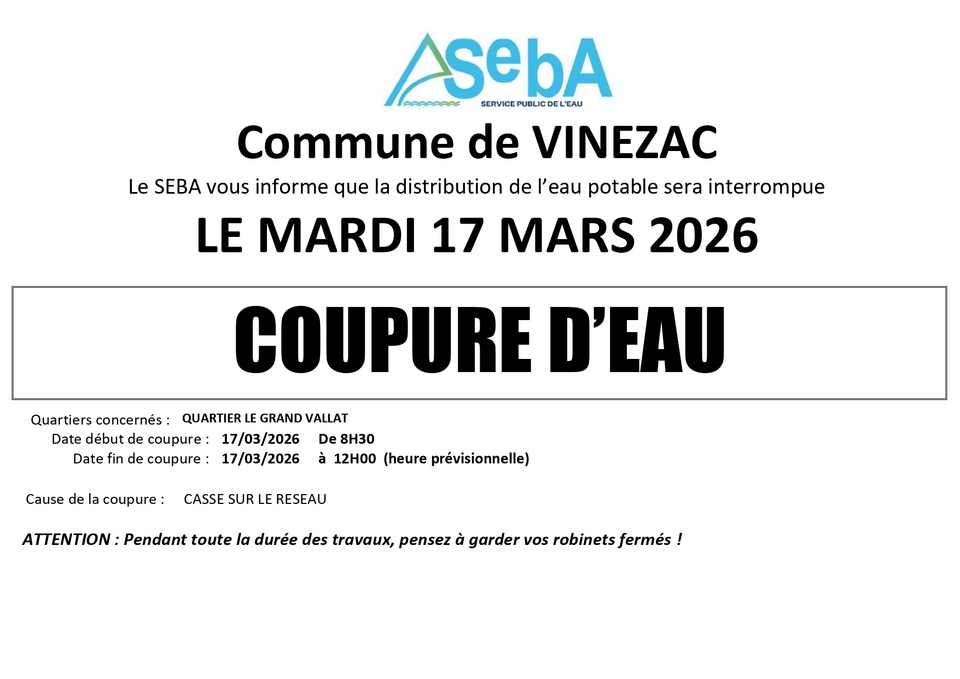 Coupure d'eau 17/03/2026 8h30 à 12h Quartier Grand Vallat